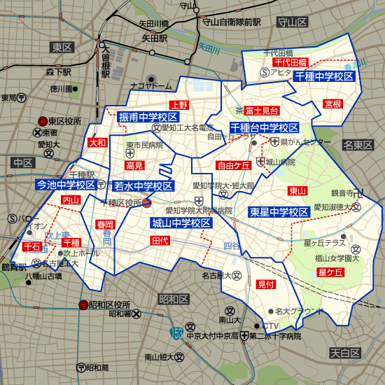 愛知県名古屋市千種区の学区地図（小学校・中学校）