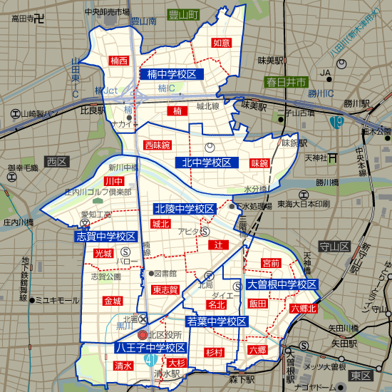 愛知県名古屋市北区の学区地図(小学校・中学校)
