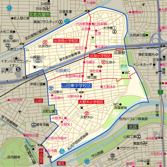 山田東中学校 学区(比良小学校、大野木小学校、比良西小学校)