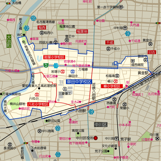 御田中学校 学区(柳小学校、岩塚小学校、八社小学校)