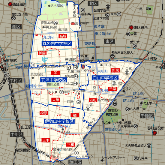 愛知県名古屋市中区の学区地図（小学校・中学校）
