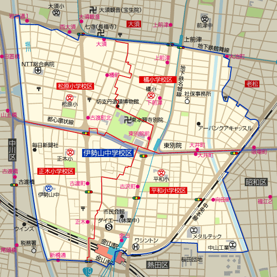 伊勢山中学校 学区(松原小学校、橘小学校、平和小学校、正木小学校)