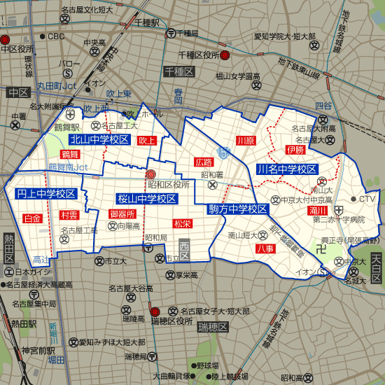 愛知県名古屋市昭和区の学区地図（小学校・中学校）