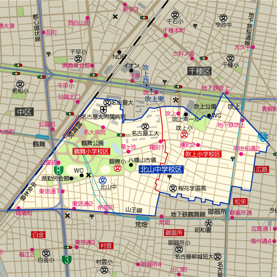 北山中学校 学区(鶴舞小学校、吹上小学校)