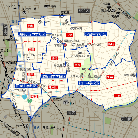 愛知県名古屋市瑞穂区の学区地図（小学校・中学校）