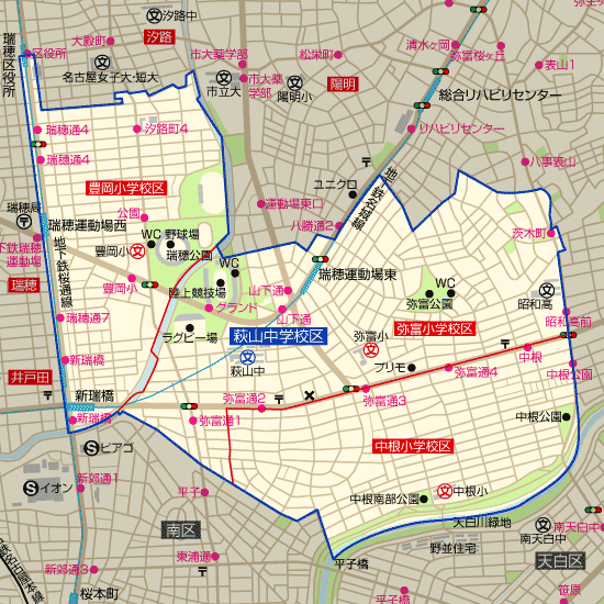 萩山中学校 学区地図（弥富小学校、豊岡小学校、中根小学校）