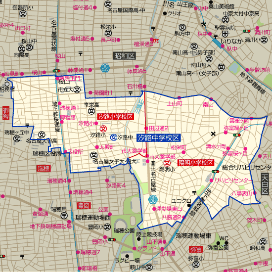 汐路中学校 学区地図（汐路小学校、陽明小学校）