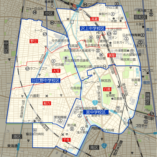 愛知県名古屋市熱田区の学区地図（小学校・中学校）