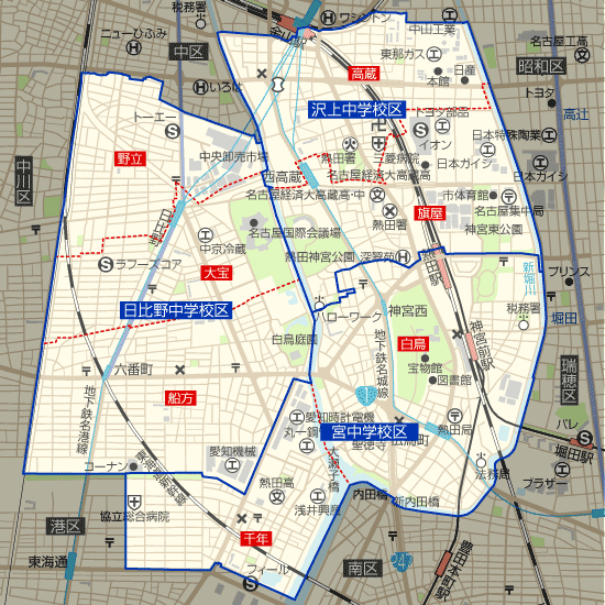 愛知県名古屋市熱田区の学区地図(小学校・中学校)