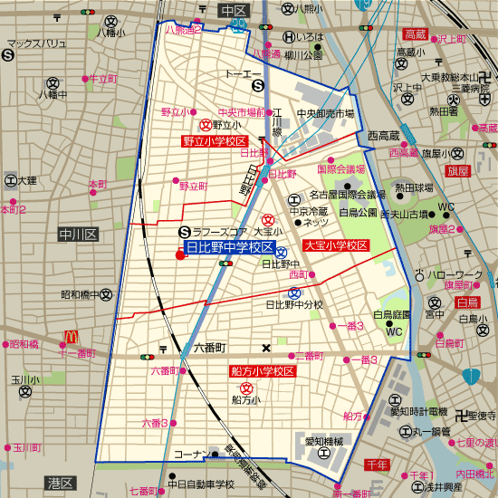 日比野中学校 学区(船方小学校、野立小学校、大宝小学校)