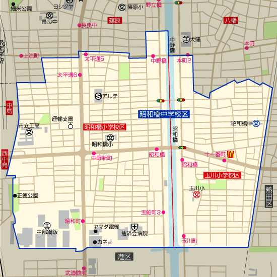 昭和橋中学校 学区(昭和橋小学校、玉川小学校)