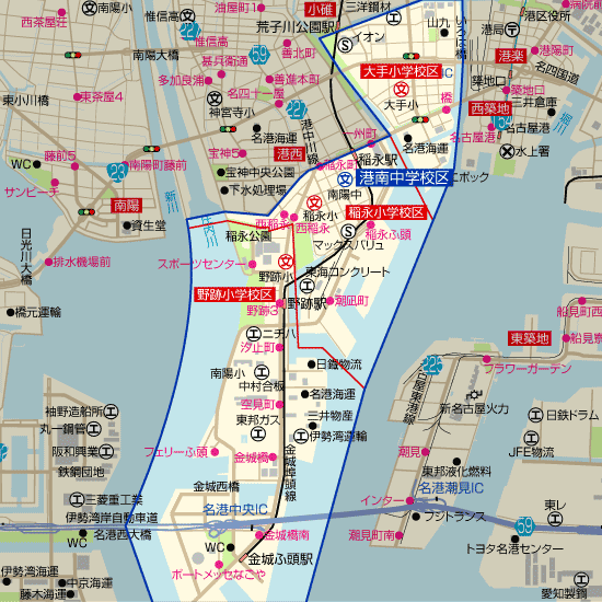 港南中学校 学区(大手小学校、稲永小学校、野跡小学校)