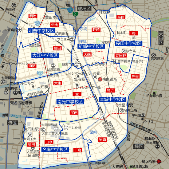 愛知県名古屋市南区の学区地図（小学校・中学校）