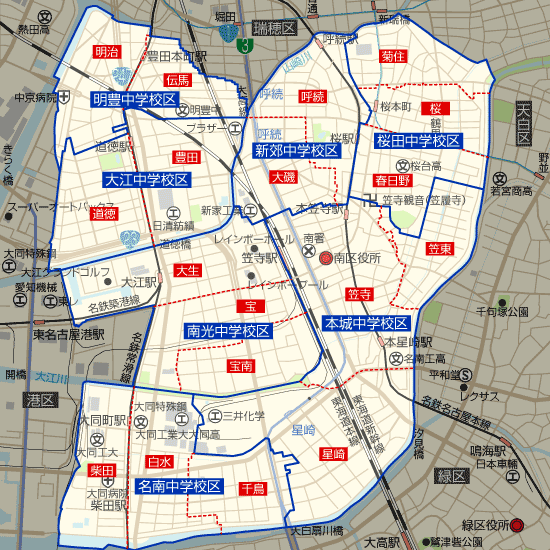 愛知県名古屋市南区の学区地図(小学校・中学校)
