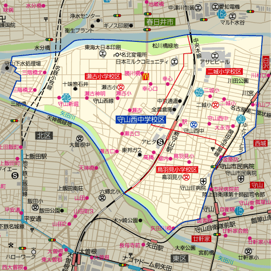 守山西中学校 学区(鳥羽見小学校、瀬古小学校、二城小学校)