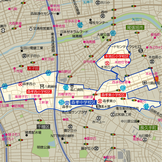 森孝中学校 学区(本地丘小学校、森孝東小学校、森孝西小学校)