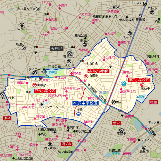 神沢中学校 学区（戸笠小学校、黒石小学校、桃山小学校）