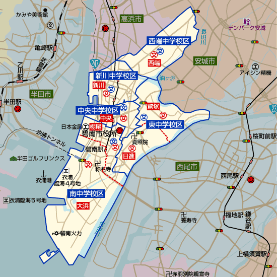 愛知県碧南市の学区地図（小学校・中学校）