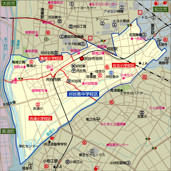 刈谷南中学校 学区地図 亀城小学校、衣浦小学校、住吉小学校