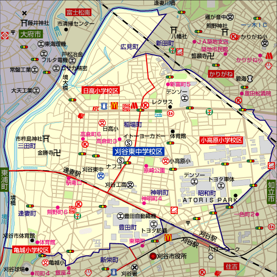 刈谷東中学校 学区地図 亀城小学校、小高原小学校、日高小学校