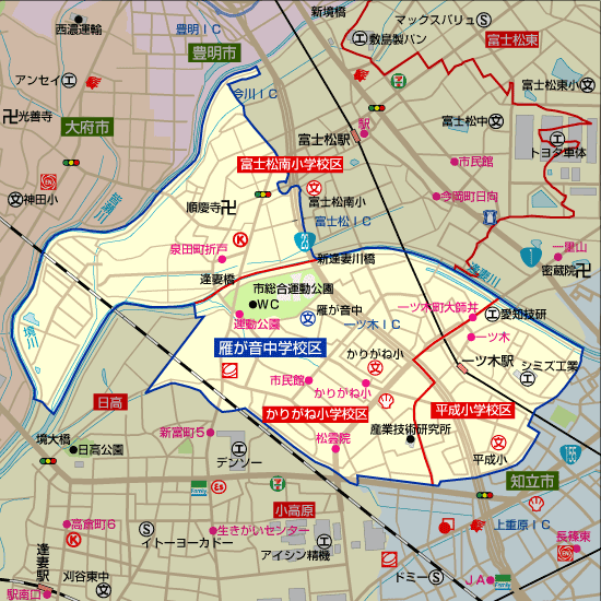 雁が音中学校 学区地図 かりがね小学校、平成小学校、富士松南小学校