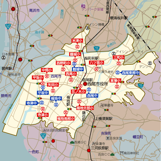 愛知県西尾市の学区地図（小学校・中学校）