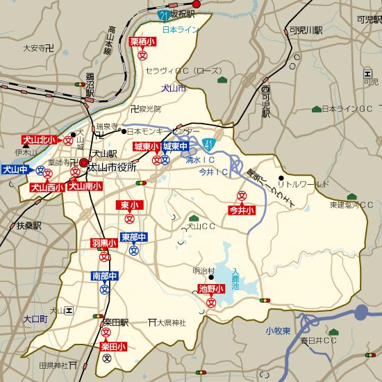 愛知県犬山市の学区地図（小学校・中学校）