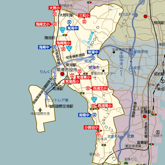 愛知県常滑市の学区地図（小学校・中学校）