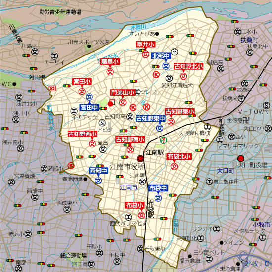 愛知県江南市の学区地図（小学校・中学校）