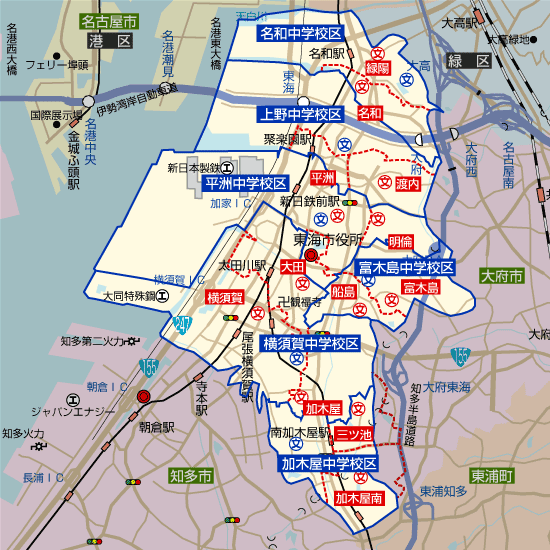 愛知県東海市の学区地図(小学校・中学校)
