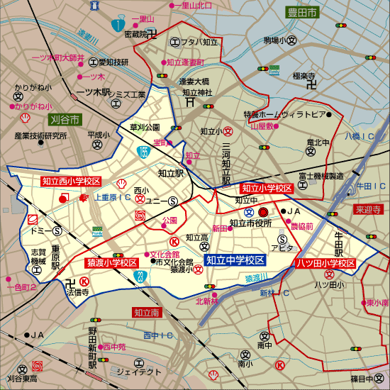 知立中学校 学区地図 猿渡小学校、知立西小学校、八ツ田小学校、知立小学校