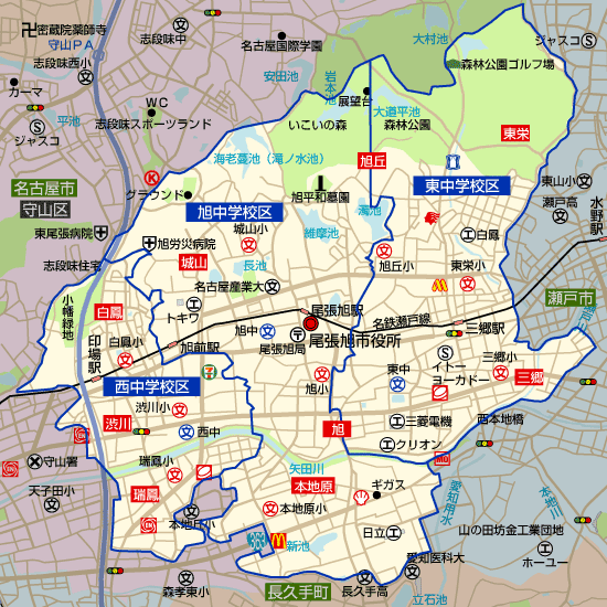 愛知県尾張旭市の学区地図（小学校・中学校）