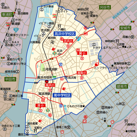 愛知県高浜市の学区地図（小学校・中学校）