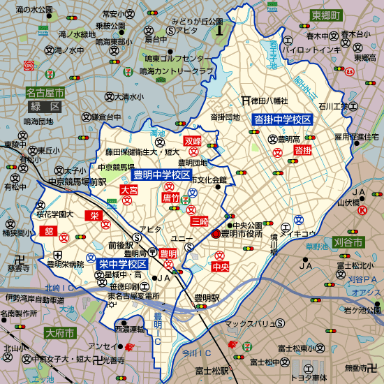 愛知県豊明市の学区地図（小学校・中学校）