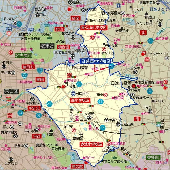 日進西中学校 学区地図 西小学校、香久山小学校、赤池小学校