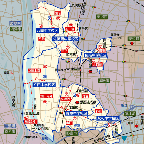 愛知県愛西市の学区地図（小学校・中学校）