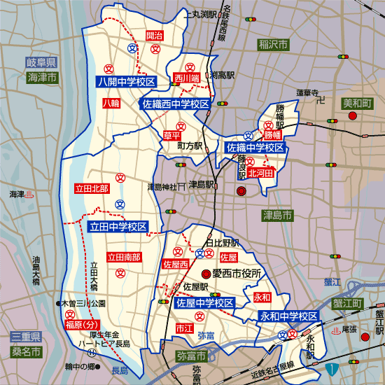 愛知県愛西市の学区地図(小学校・中学校)