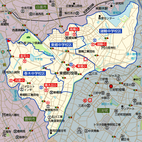 愛知県東郷町の学区地図（小学校・中学校）