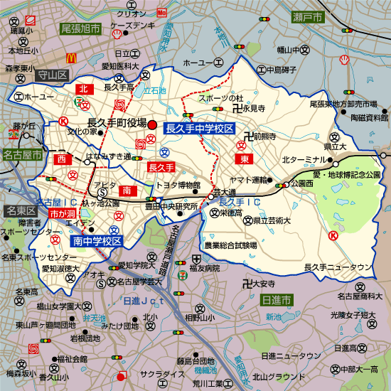 愛知県長久手市の学区地図（小学校・中学校）