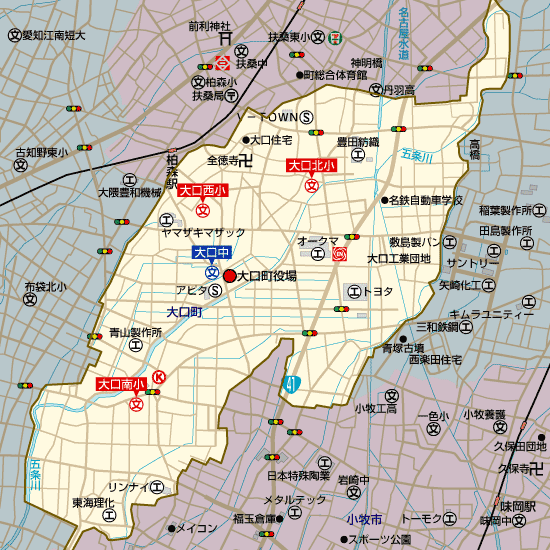 愛知県大口町の学区地図（小学校・中学校）