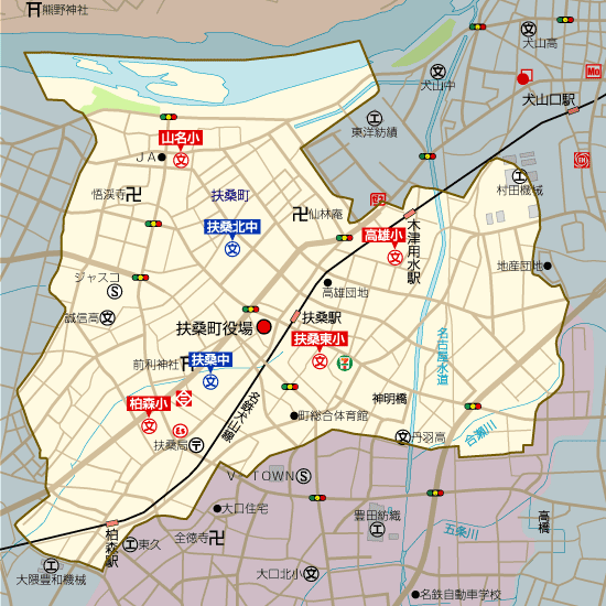 愛知県扶桑町の学区地図（小学校・中学校）