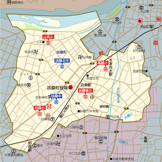 愛知県扶桑町の学区地図(小学校・中学校)