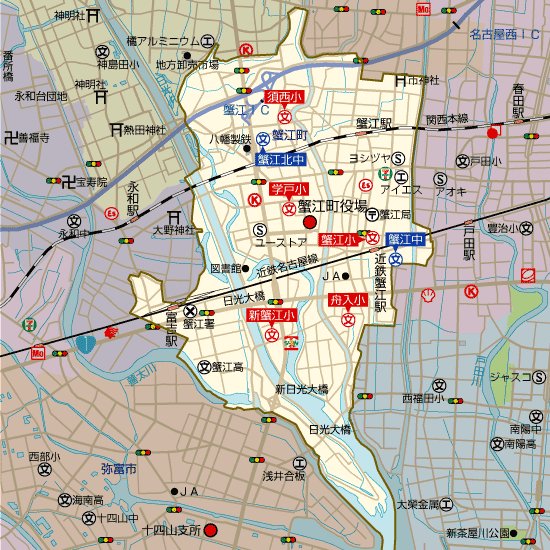 愛知県蟹江町の学区地図(小学校・中学校)