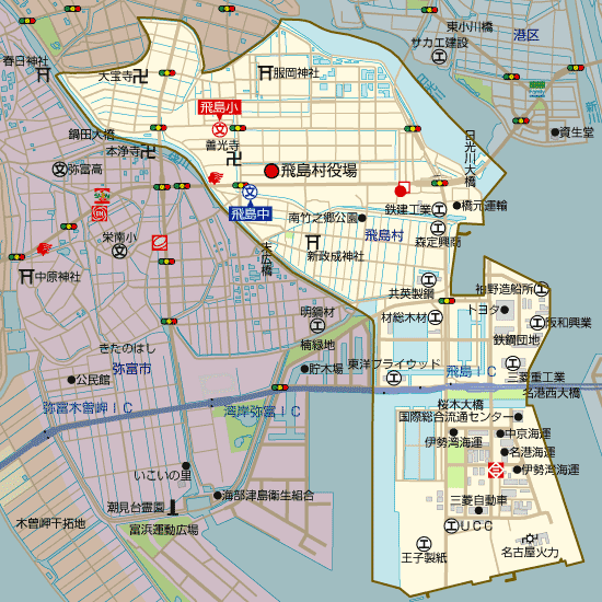 愛知県飛島村の学区地図（小学校・中学校）