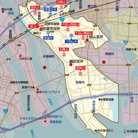 愛知県弥富市の学区地図（小学校・中学校）