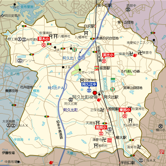 愛知県阿久比町の学区地図（小学校・中学校）