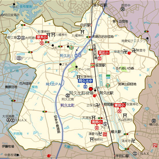愛知県阿久比町の学区地図(小学校・中学校)