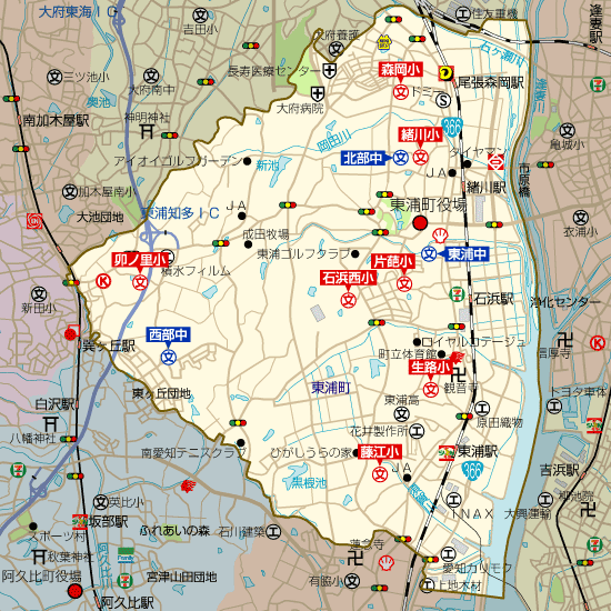 愛知県東浦町の学区地図（小学校・中学校）