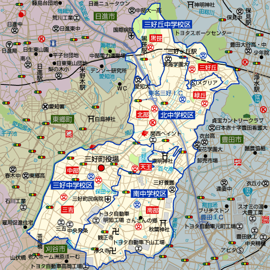 愛知県みよし市の学区地図（小学校・中学校）