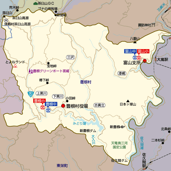 愛知県豊根村の学区地図（小学校・中学校）